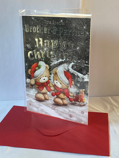 To A Special Brother & Partner Happy Christmas Card Black/Silver/White-Teddies/Sledge Foil Detail(SXC50-665A)