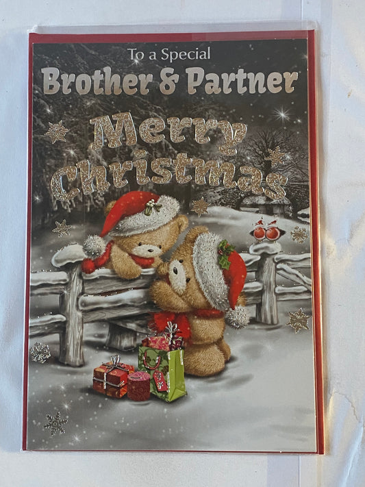 To A Special Brother & Partner Merry Christmas Card Black/Silver/White-Teddies/Fence Foil Detail(SXC50-665B)