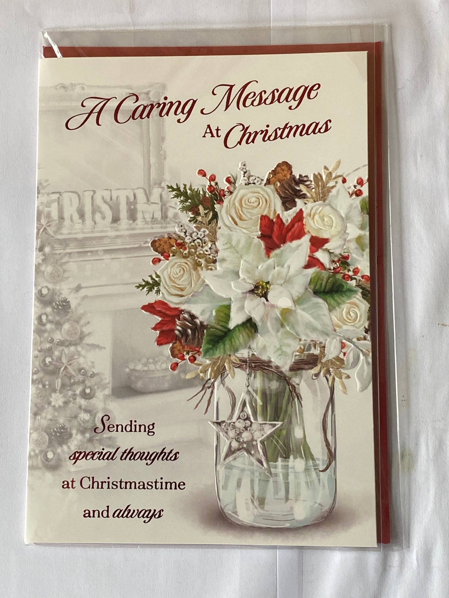 A Caring Message At Christmas Card Flowers/Glass Jar/Silver Star(PH46349A)