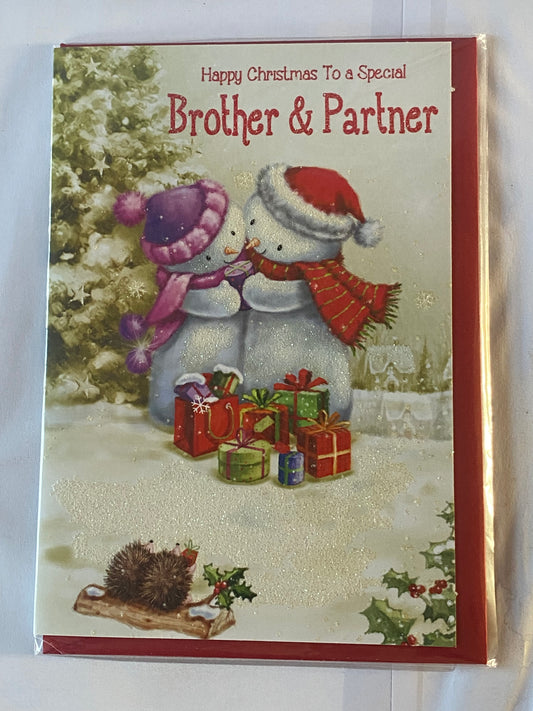 Happy Christmas To A Special Brother & Partner Christmas Card Cute Snow Couple/Presents(SXC50-1124A)