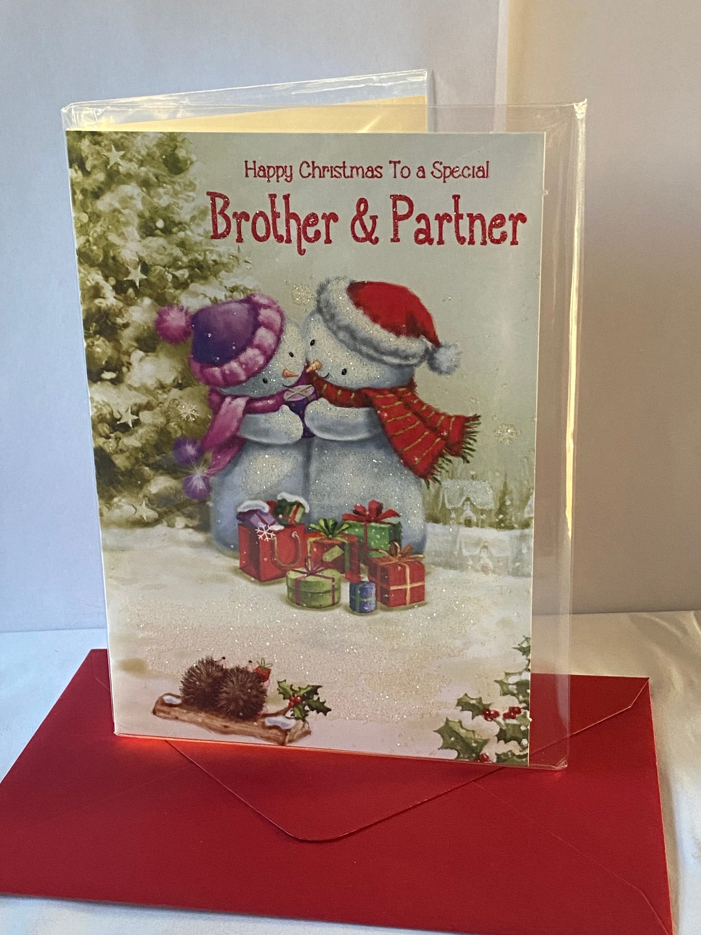 Happy Christmas To A Special Brother & Partner Christmas Card Cute Snow Couple/Presents(SXC50-1124A)