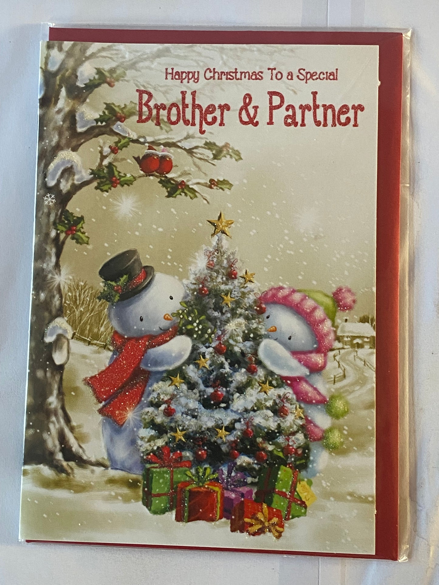 Happy Christmas To A Special Brother & Partner Christmas Card Cute Snow Couple/Tree(SXC50-1124B)