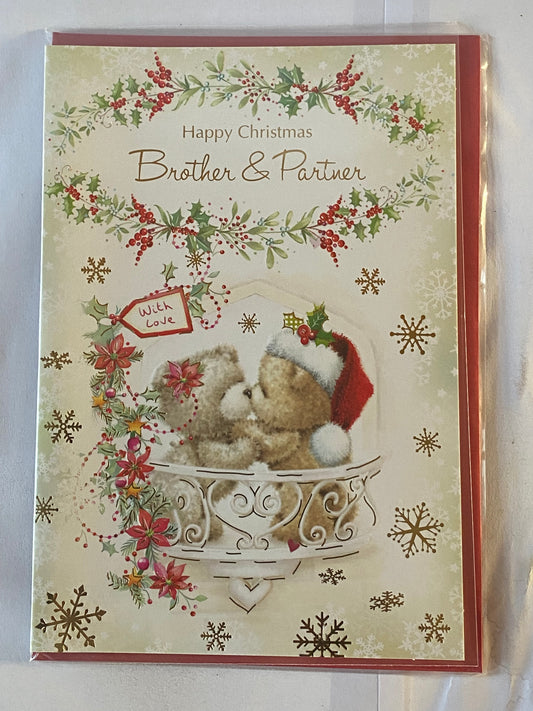 Happy Christmas Brother & Partner Christmas Card Cream-Teddies/Balcony(SXC50-1262A)