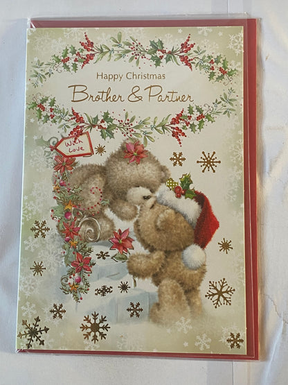 Happy Christmas Brother & Partner Christmas Card Cream-Teddies/Steps(SXC50-1262B)