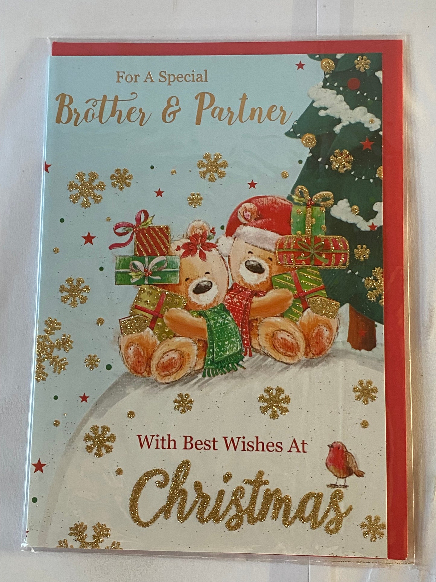 For A Special Brother & Partner With Best Wishes At Christmas Card Teddies Holding Presents/Tree(SLX5024A)