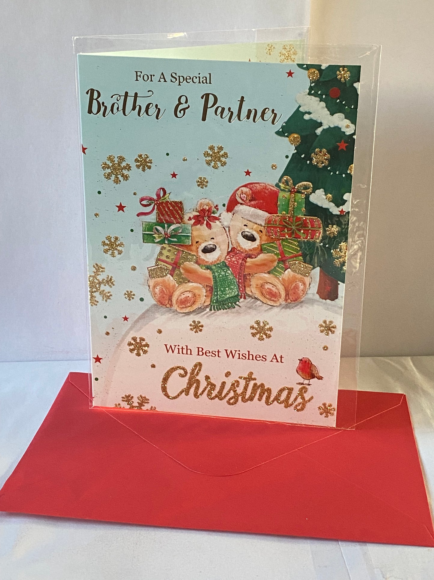 For A Special Brother & Partner With Best Wishes At Christmas Card Teddies Holding Presents/Tree(SLX5024A)