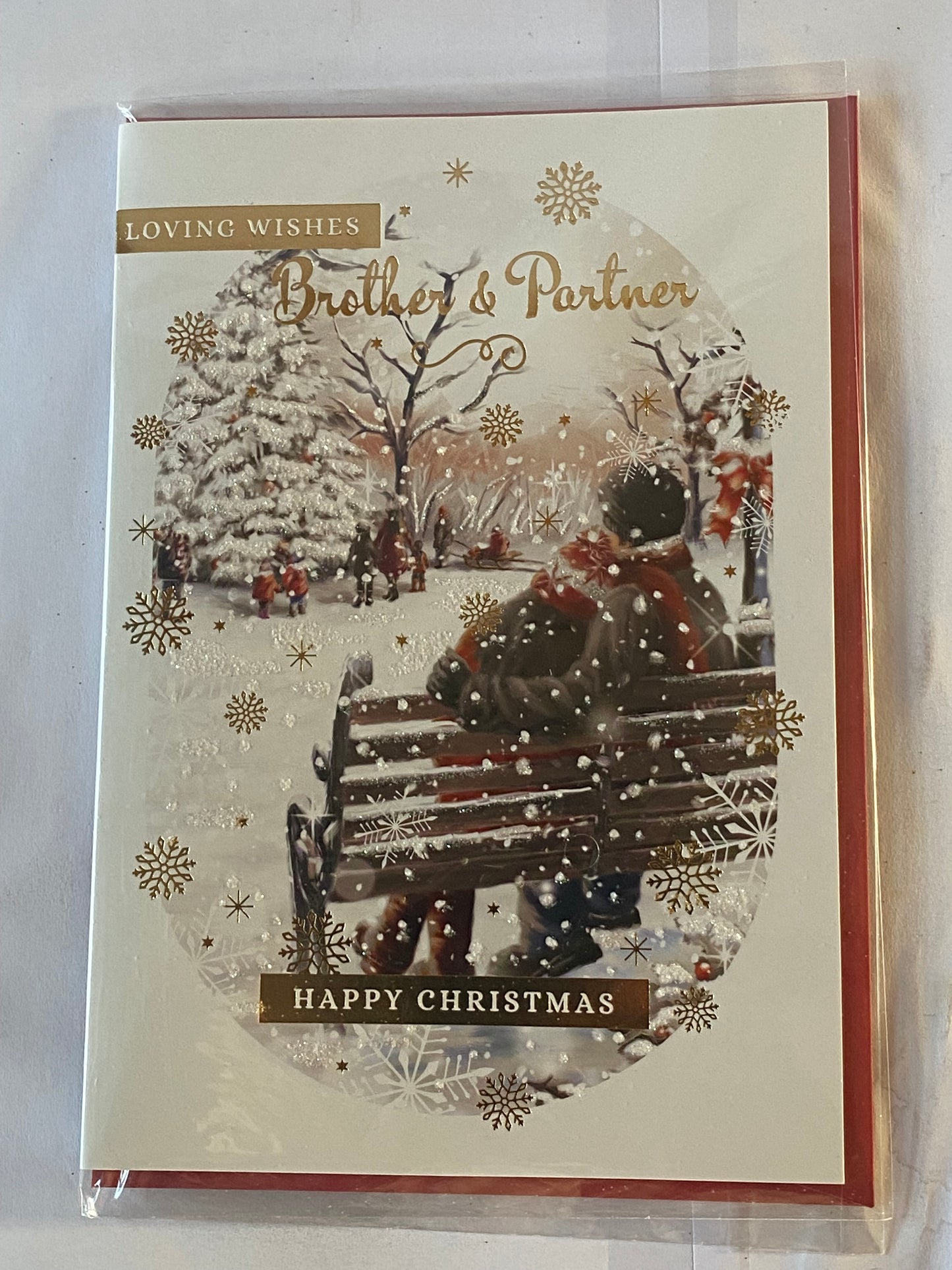 Loving Wishes Brother & Partner Happy Christmas Card Couple On Bench(PH45210A)