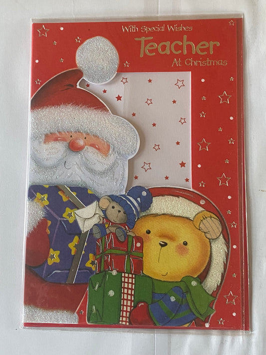 With Special Wishes Teacher At Christmas Card Red-Santa/Teddy/Presents/Mouse(KI34962A)