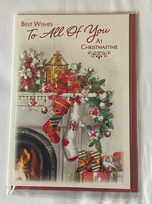 Best Wishes To All Of You At Christmastime Christmas Card Fireplace/Stockings/Gold Lantern(NC-VX091B)