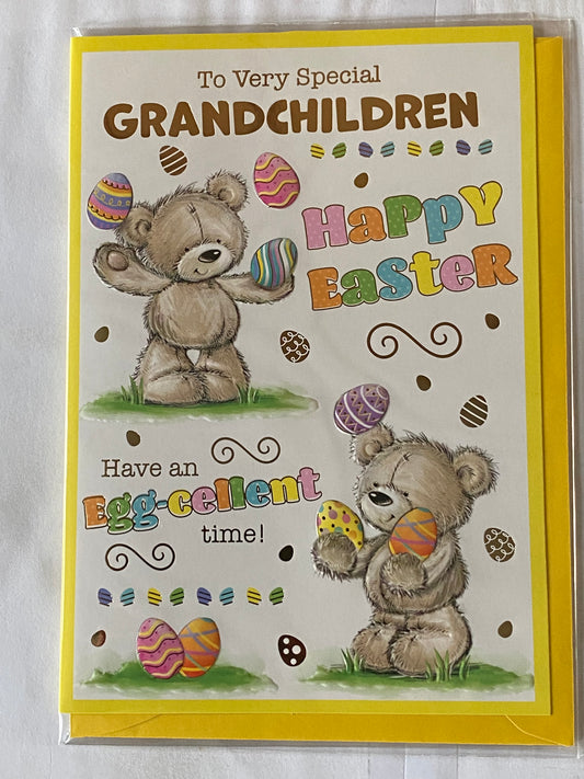 To Very Special Grandchildren Happy Easter Have An Egg-cellent Time! Easter Card Teddies/Multi Words/Multi Easter Eggs Foil Detail (PH49853E)