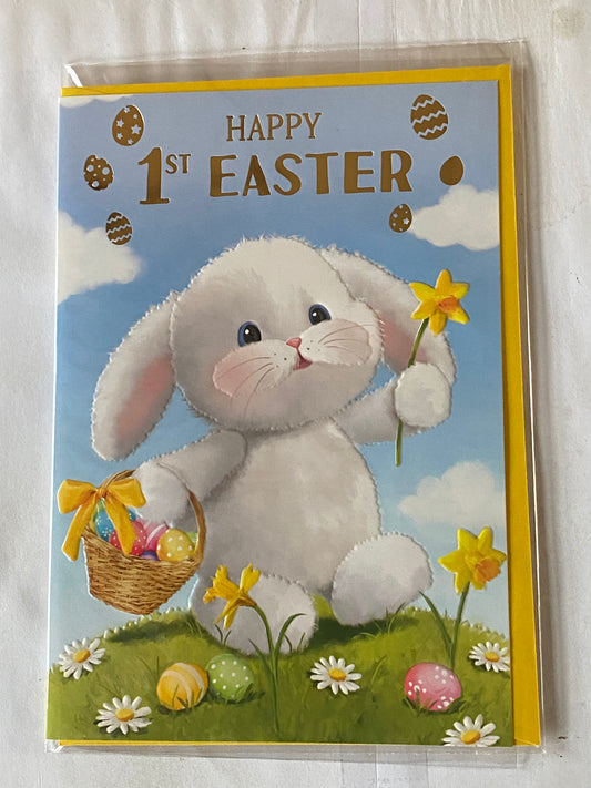 Happy 1st Easter Card Baby's Babys First Easter Cute Bunny Rabbit Holding Daffodil+Basket Easter Eggs Foil Detail (PH49852E)