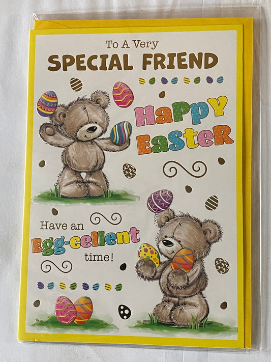 To A Very Special Friend Happy Easter Have An Egg-cellent Time! Easter Card Teddies/Multi Words/Multi Easter Eggs Foil Detail (PH49853E)