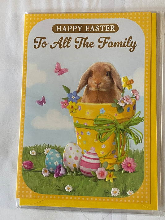 Happy Easter To All The Family Easter Card Bunny Rabbit In Plant Pot Foil Detail(PH49856E)