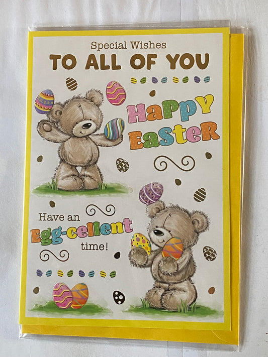 Special Wishes To All Of You Happy Easter Have An Egg-cellent Time! Easter Card Teddies/Multi Words/Multi Easter Eggs Foil Detail (PH49853E)