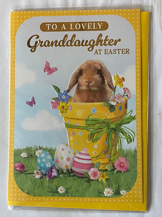 To A Lovely Granddaughter At Easter Card Bunny Rabbit In Plant Pot Foil Detail(PH49856E)