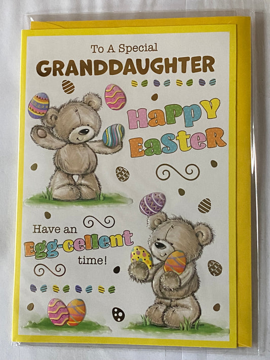 To A Special Granddaughter Happy Easter Have An Egg-cellent Time! Easter Card Teddies/Multi Words/Multi Easter Eggs Foil Detail (PH49853E)