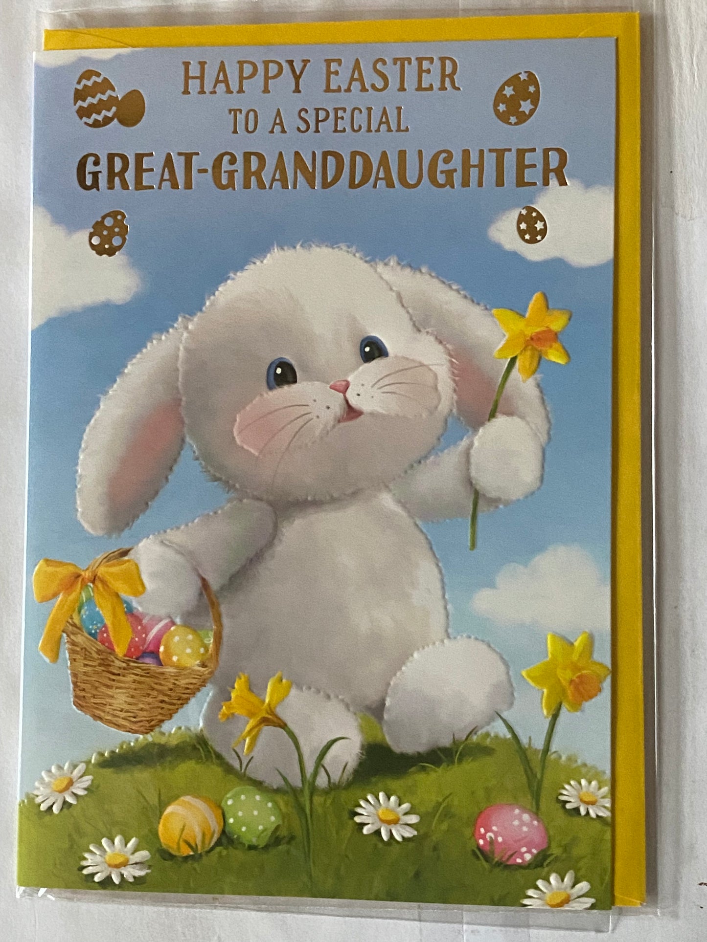 Happy Easter To A Special Great-Granddaughter Easter Card Cute Bunny Rabbit Holding Daffodil/Basket Easter Eggs Foil Detail (PH49852E)