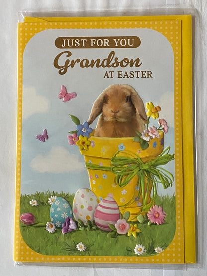 Just For You Grandson At Easter Card Bunny Rabbit In Plant Pot Foil Detail(PH49856E)