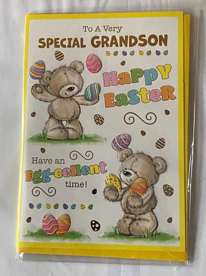 To A Very Special Grandson Happy Easter Have A2 Egg-cellent Time! Easter Card Teddies/Multi Words/Multi Easter Eggs Foil Detail (PH49853E)