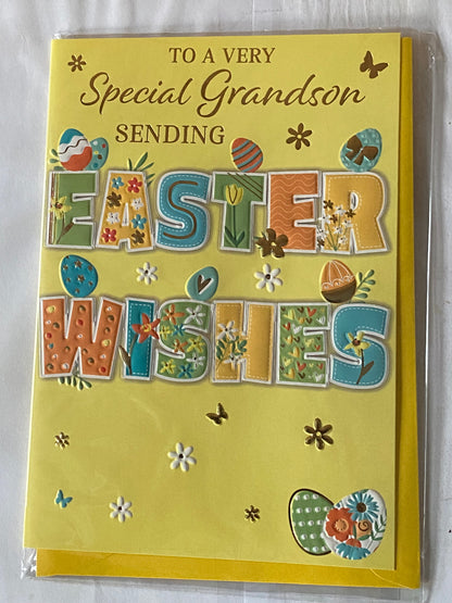 To A Very Special Grandson Sending Easter Wishes Easter Card Yellow-Blue/Green/Yellow/Orange Words/Easter Eggs Foil Detail (PH49855E)