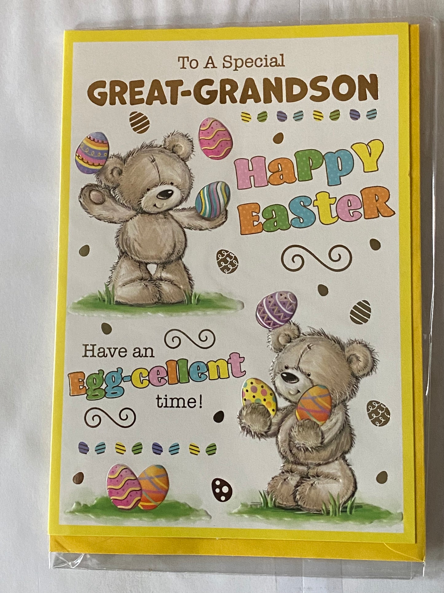 To A Special Great-Grandson Happy Easter Have An Egg-cellent Time! Easter Card Teddies/Multi Words/Multi Easter Eggs Foil Detail (PH49853E)