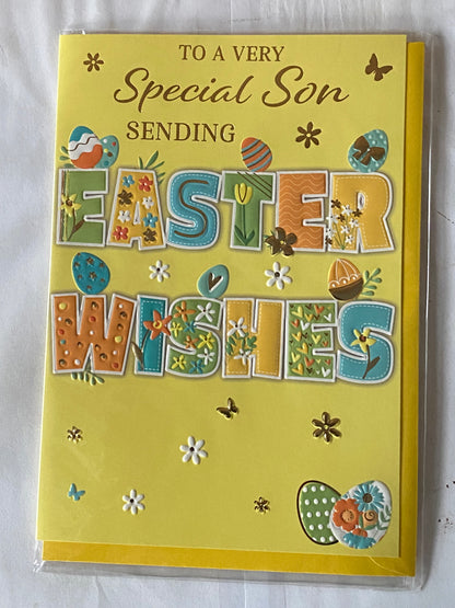 To A Very Special Son Sending Easter Wishes Easter Card Yellow-Blue/Green/Yellow/Orange Words/Easter Eggs Foil Detail (PH49855E)