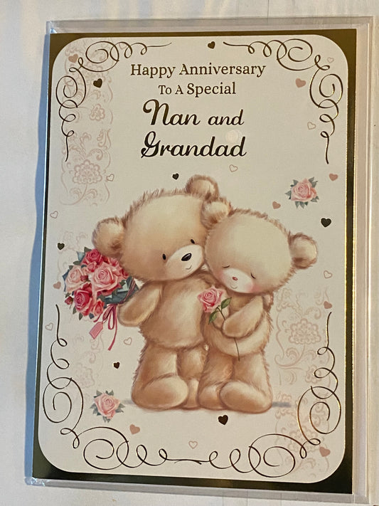 Happy Anniversary To A Special Nan And & Grandad On Your Wedding Anniversary Card Teddies Holding Flowers+Hugging Foil Detail(NC-VA051E)