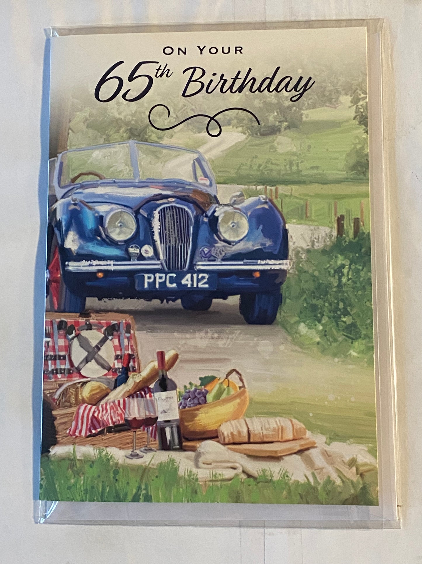 Mens Male Age 65 65th Sixty-Five Sixty-Fifth On Your 65th Birthday Card Blue Car/Countryside/Picnic Foil Detail(NC-VA235E)