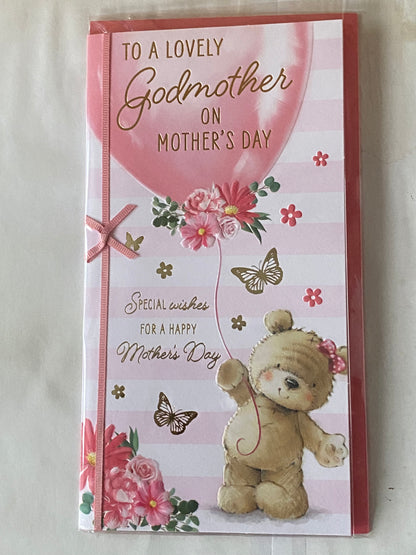 To A Lovely Godmother On Mother's Day Mothers Day Card Teddy Holding Pink Balloon/Flowers/Stripes Ribbon/Foil Detail(PRELUDE49797)