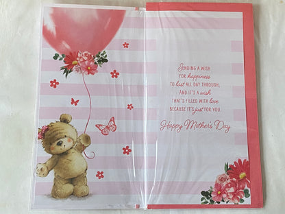 To A Lovely Godmother On Mother's Day Mothers Day Card Teddy Holding Pink Balloon/Flowers/Stripes Ribbon/Foil Detail(PRELUDE49797)