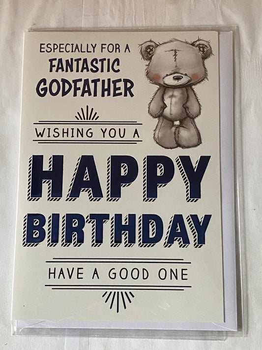 Especially For A Fantastic Godfather Wishing You A Happy Birthday Have A Good One Birthday Card Teddy Blue/Black Words Foil Detail(PH45858E)