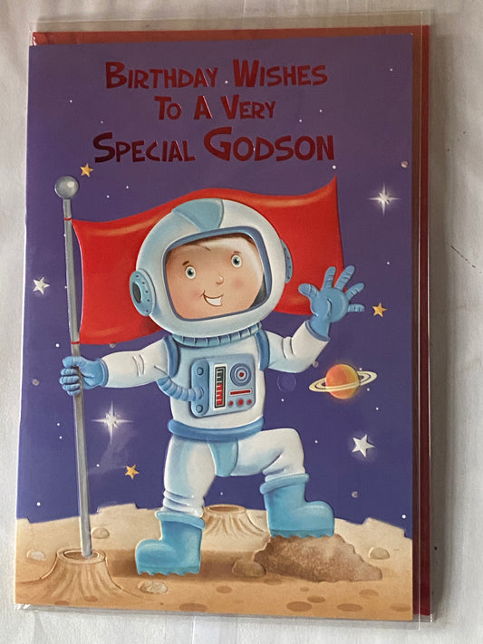 Birthday Wishes For A Very Special Godson Birthday Card Boy Spaceman/Red Flag Foil Detail(NC-VA141E)