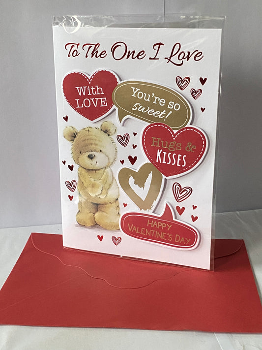 To The One I Love With Love You're So Sweet! Hugs & Kisses Happy Valentine's Day Valentines Day Card Teddy/Red+Gold Hearts/Words 3D/Foil Detail(PRELUDE47549)