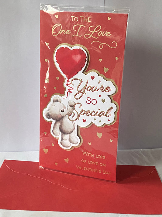 To The One I Love You're So Special Valentine's Day Valentines Day Card Red-Teddy Holding Red Heart Balloon/Gold Hearts 3D/Foil Detail(PRELUDE47552)