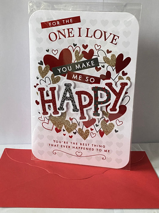 For The One I Love You Make Me So Happy Valentine's Day Valentines Day Card Red/Gold Hearts/Words 3D/Glitter/Foil Detail(PRELUDE47561)