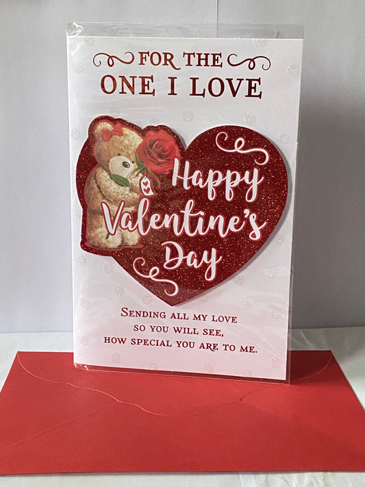 For The One I Love Happy Valentine's Day Valentines Day Card Teddy/Red Rose/Red Glitter Heart Foil/Heart 3D/Glitter/Foil Detail(PRELUDE47557)