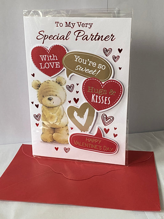 To My Very Special Partner With Love You're So Sweet! Hugs & Kisses Happy Valentine's Day Valentines Day Card Teddy/Red+Gold Hearts/Words 3D/Foil Detail(PRELUDE47549)