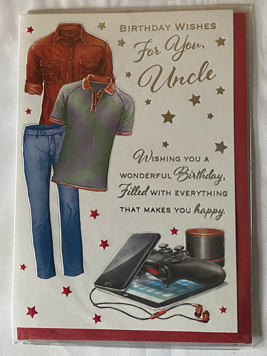 Birthday Wishes For You Uncle Birthday Card Red Shirt/Clothes/Techno/Silver Words Foil Detail(PH44831E)