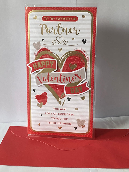 To My Gorgeous Partner Happy Valentine's Day Valentines Day Card Red/Gold Hearts/Words/Stripes 3D/Foil Detail(PRELUDE47553)