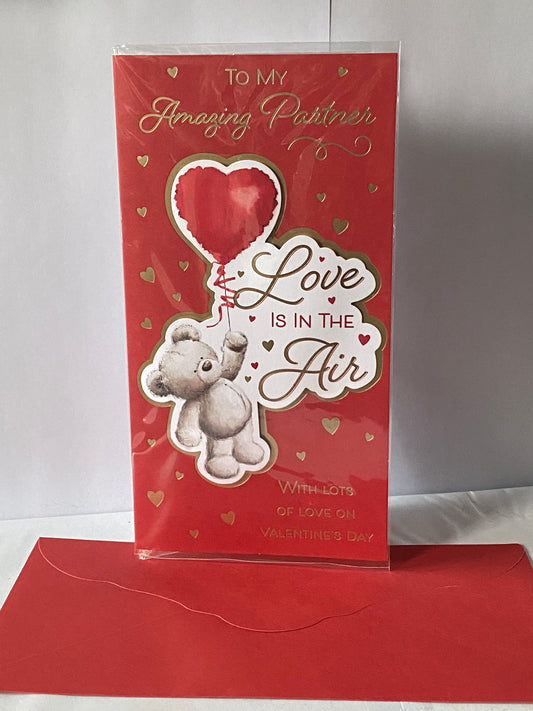 To My Amazing Partner Love Is In The Air Valentine's Day Valentines Day Card Red-Teddy Holding Red Heart Balloon/Gold Hearts 3D/Foil Detail(PRELUDE47552)