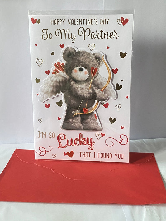 Happy Valentine's Day To My Partner I'm So Lucky That I Found You Valentine's Day Valentines Day Card Cupid Teddy/Hearts 3D/Foil Detail(PRELUDE47556)