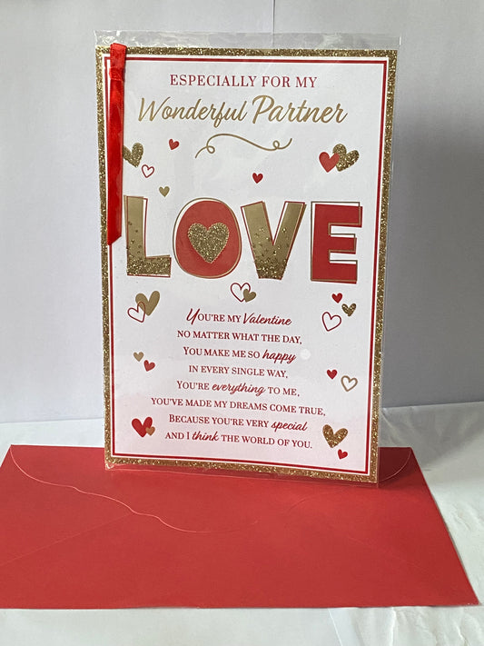 Especially For My Wonderful Partner Love Valentine's Day Valentines Day Card Red/Gold Words/Hearts Ribbon/Glitter/Foil Detail(PRELUDE47560)