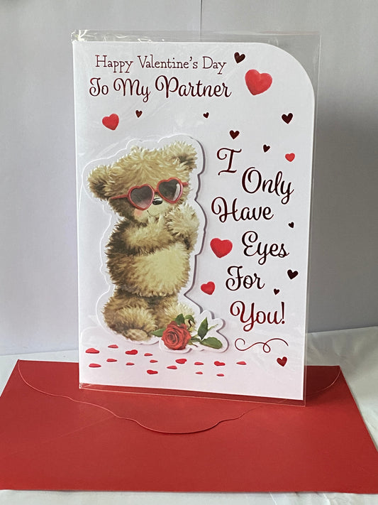 Happy Valentine's Day To My Partner I Only Have Eyes For You! Valentine's Day Valentines Day Card Teddy/Red Heart Sunglasses 3D/Foil Detail(PRELUDE46682)