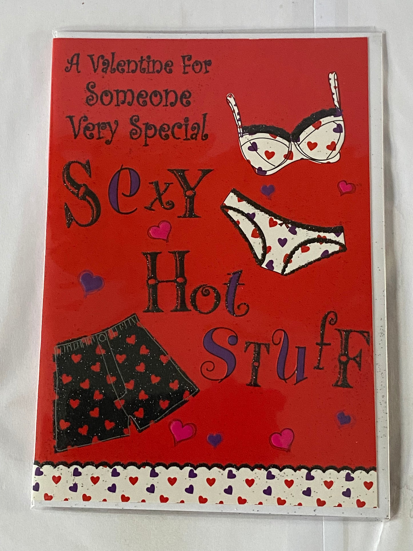 A Valentine For Someone Very Special Sexy Hot Stuff Valentine's Day Valentines Day Card Red-Underwear/Words Glitter Detail(HSV226B)