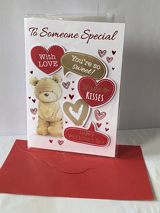 To Someone Special With Love You're So Sweet! Hugs & Kisses Happy Valentine's Day Valentines Day Card Teddy/Red+Gold Hearts/Words 3D/Foil Detail(PRELUDE47549)