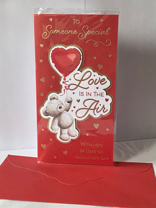 To Someone Special Love Is In The Air Valentine's Day Valentines Day Card Red-Teddy Holding Red Heart Balloon/Gold Hearts 3D/Foil Detail(PRELUDE47552)