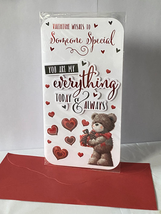 Valentine Wishes To Someone Special You Are My Everything Today & Always Valentine's Day Valentines Day Card Teddy Holding Red Present 3D/Foil Detail(PRELUDE45313)