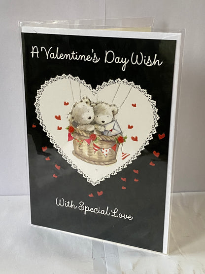 A Valentine's Day Wish With Special Love Valentine Valentine's Day Valentines Day Card Open Black-White Heart/Teddies/Balloon Ride(HSV434B)