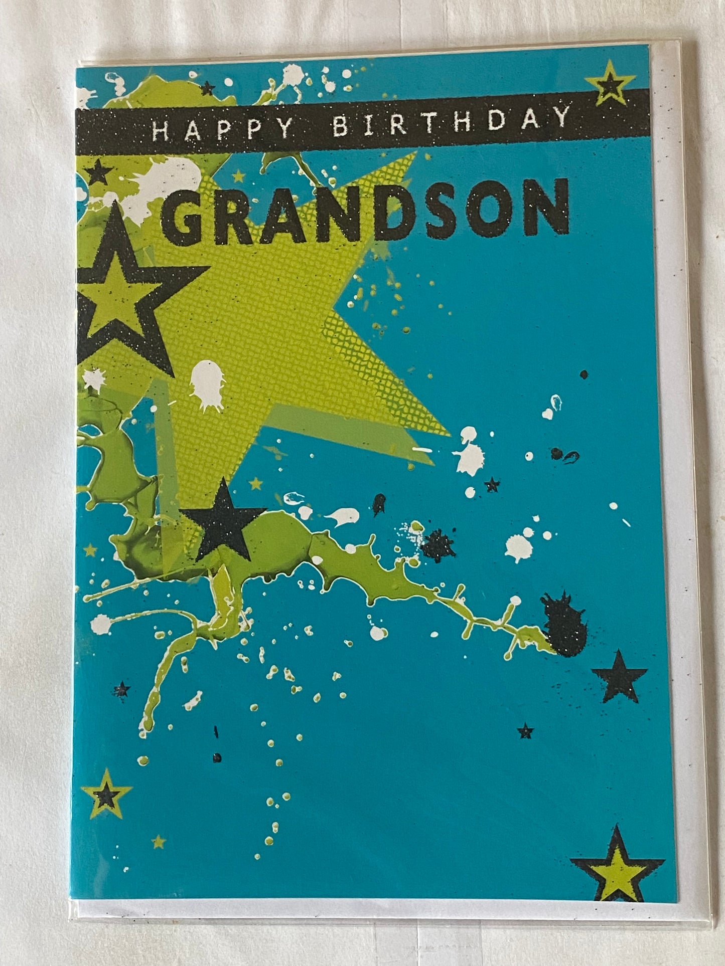 Happy Birthday Grandson Birthday Card Blue/Green Splats Glitter Detail(HSI322GSB)