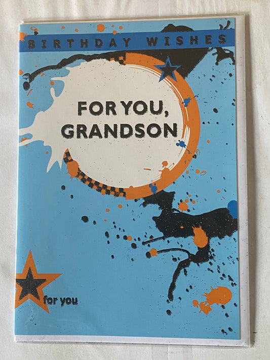 Birthday Wishes For You Grandson Birthday Card Blue/Orange Splats Glitter Detail(HSI322GSA)